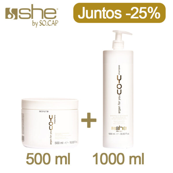 Promoción especial shampoo y mascarilla grandes, juntos con un descuento del 25%. Solos solo tienen un 15%